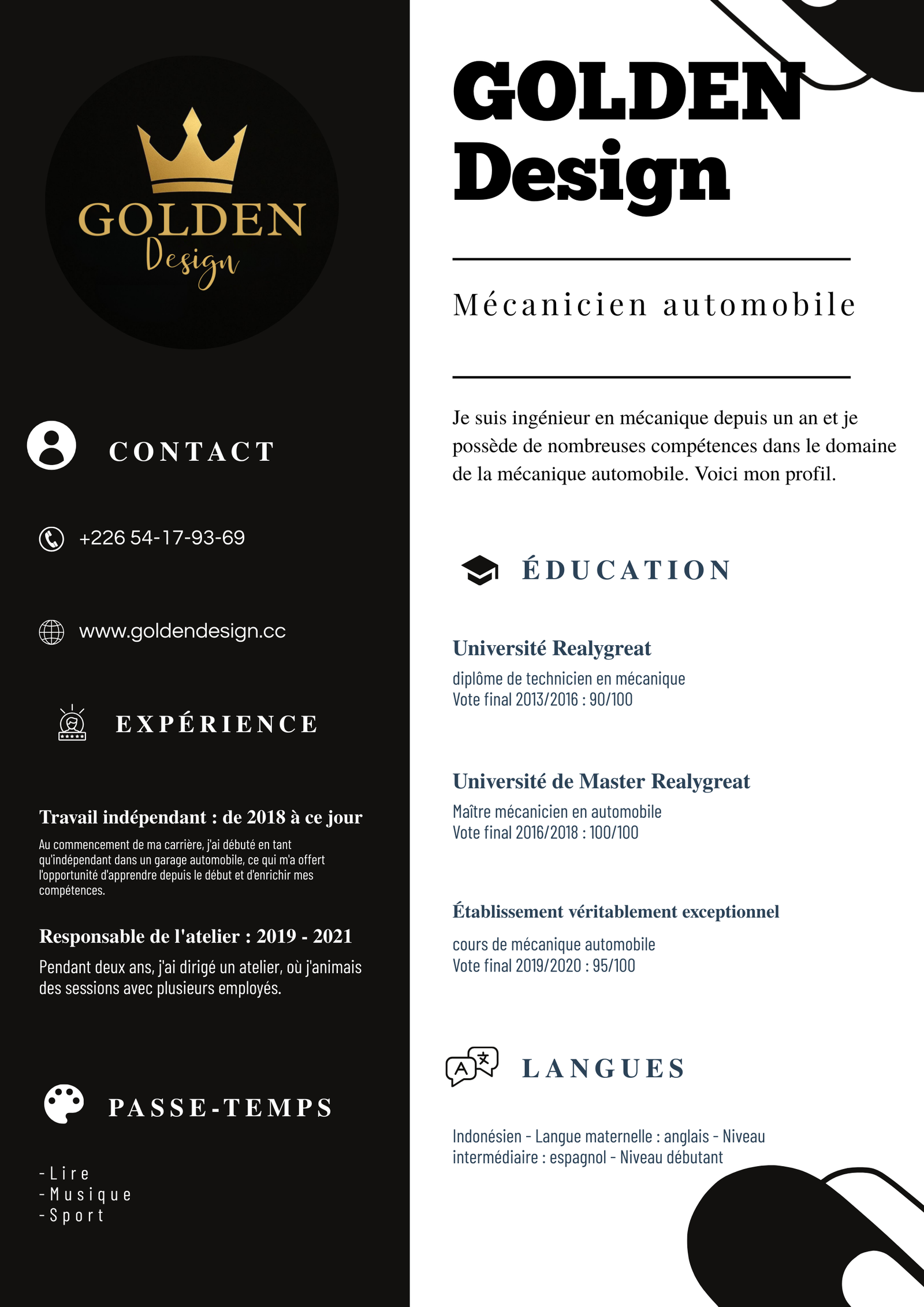 Design de carriere pour CV Moderne : Prestige Ébène & Or par Golden Design